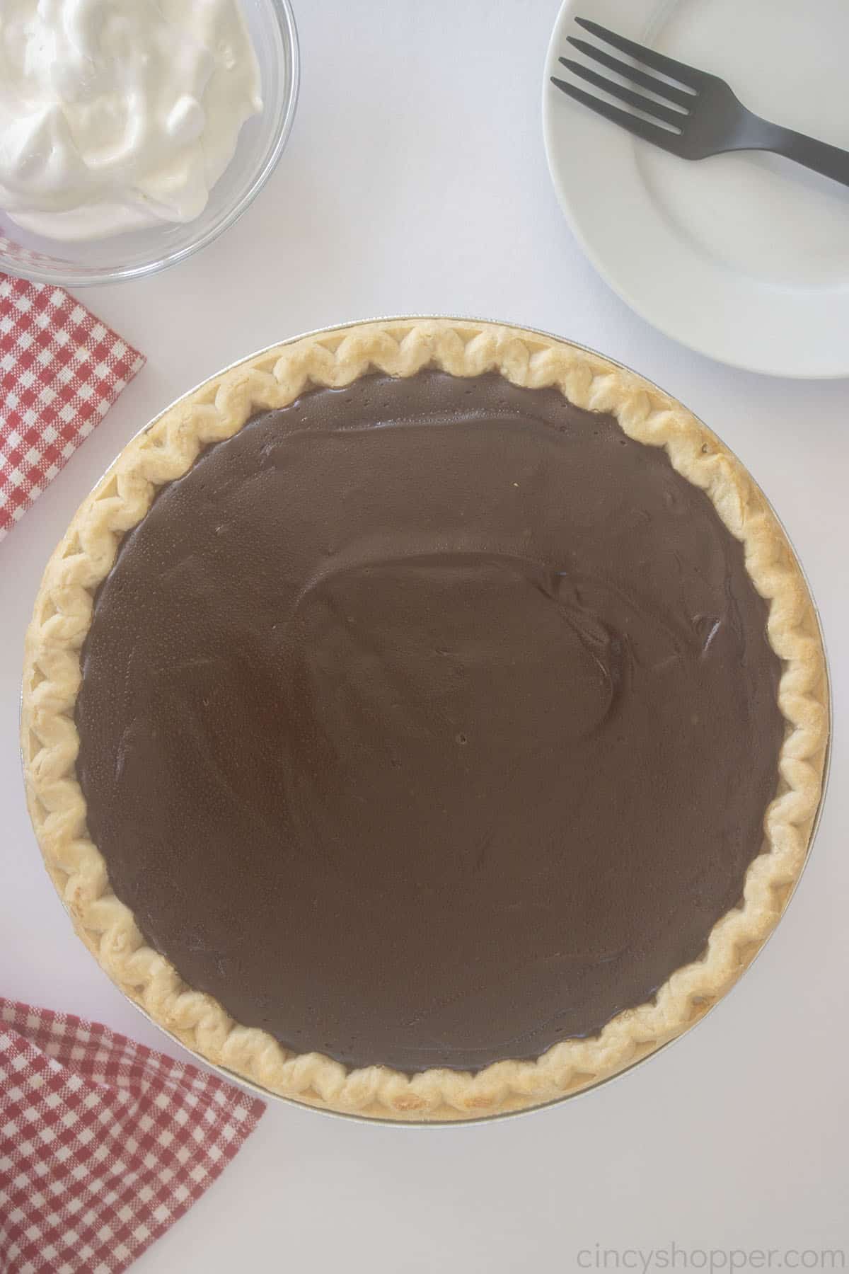 Whole Old Fashioned Chocolate Pie on a white background.