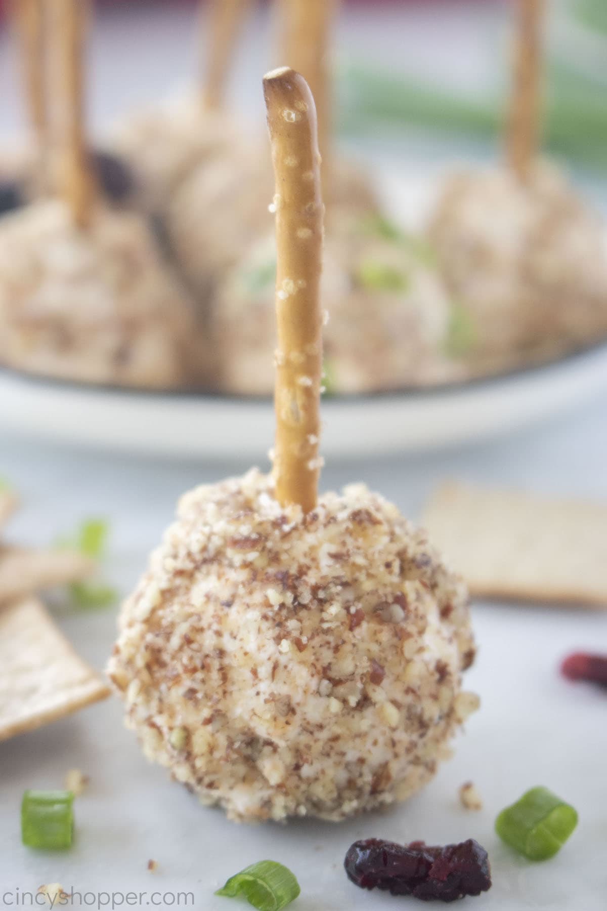 Mini Cheese balls with pretzel stick.