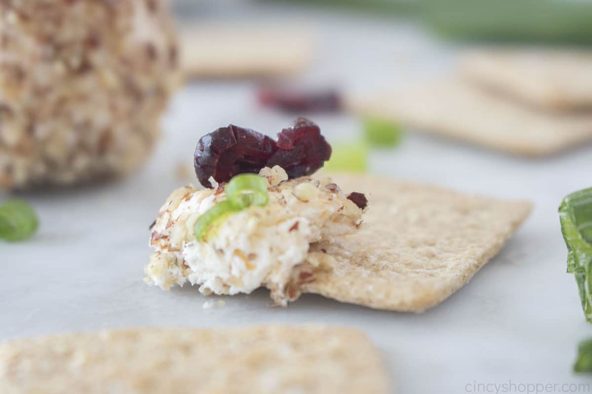 Cheeseball mixture on a cracker with dried cranberries and green onion.