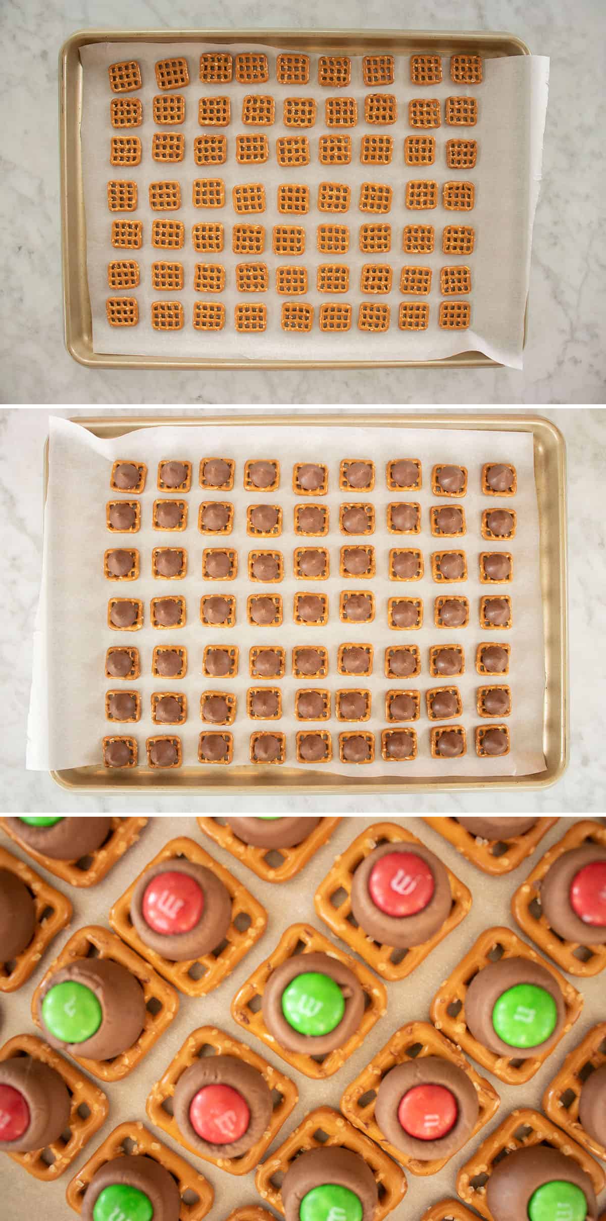 Showing process of How to make Pretzel Hershey Kiss M&M Bites.