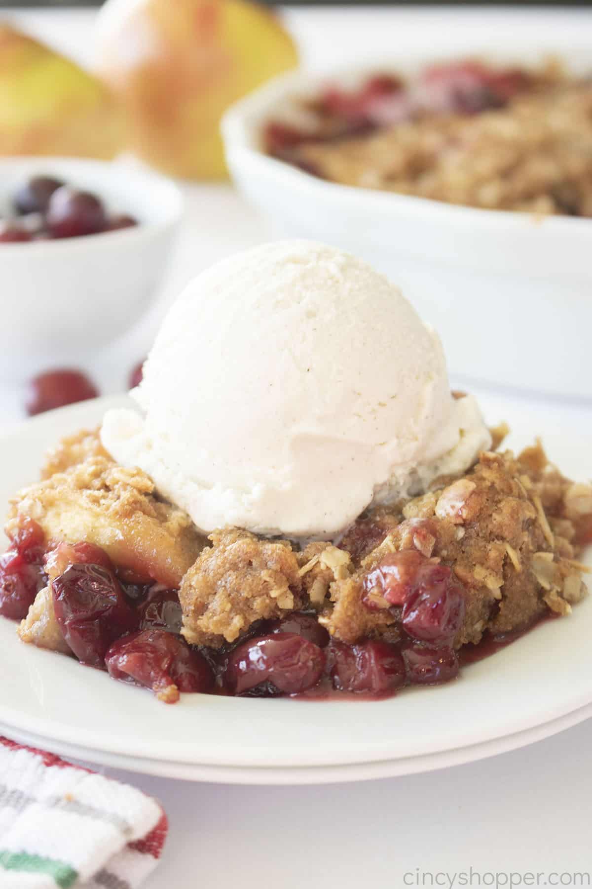 Apple Cranberry Crisp on a white plate with a scoop of ice cream.
