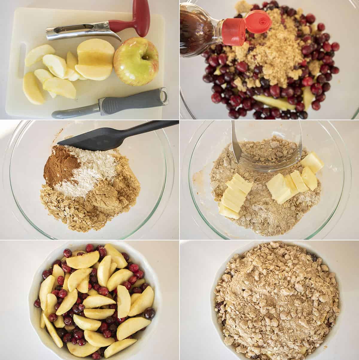 Process of making cranberry crisp with apples.