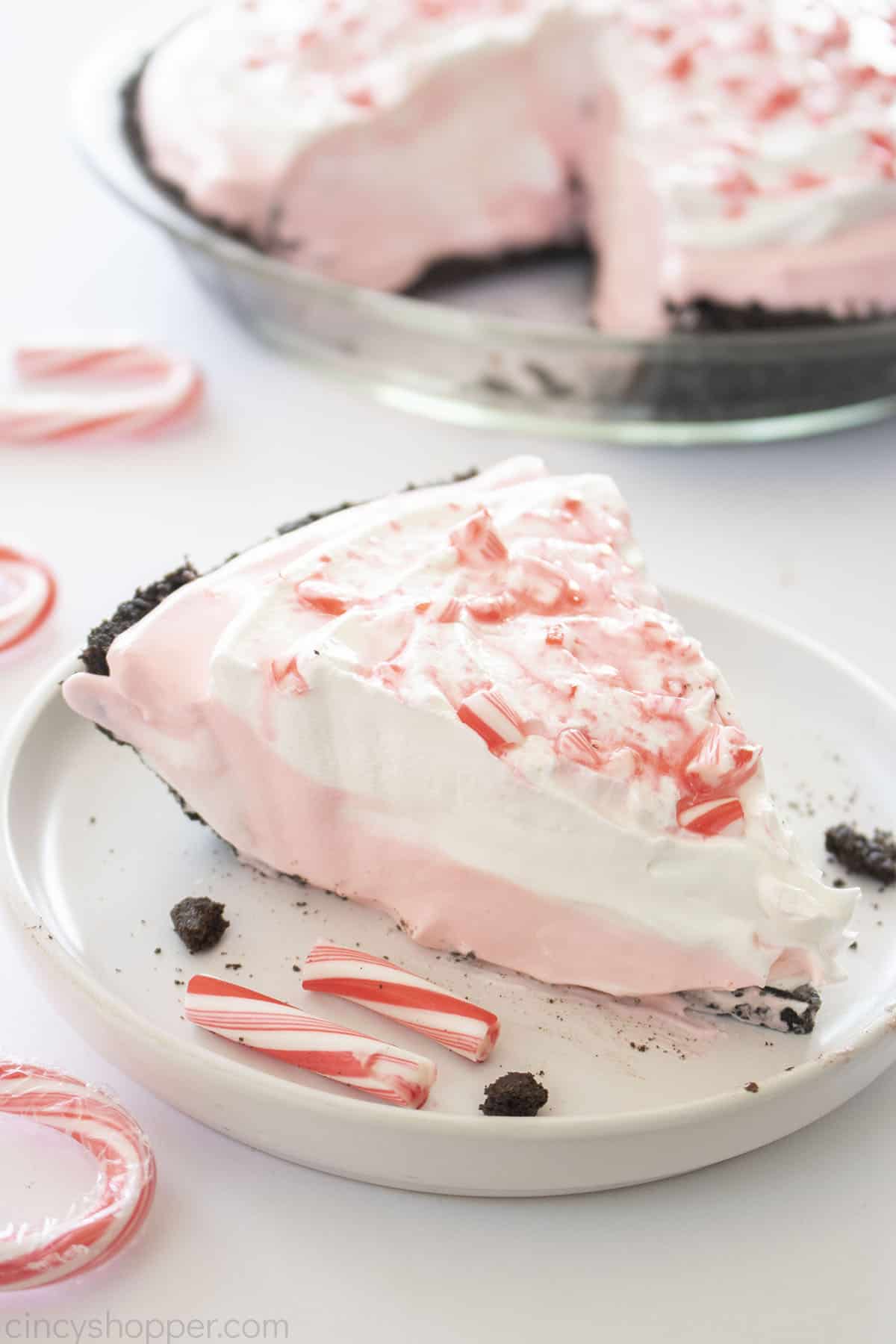 Slice of No Bake Peppermint Pie with Candy Canes.