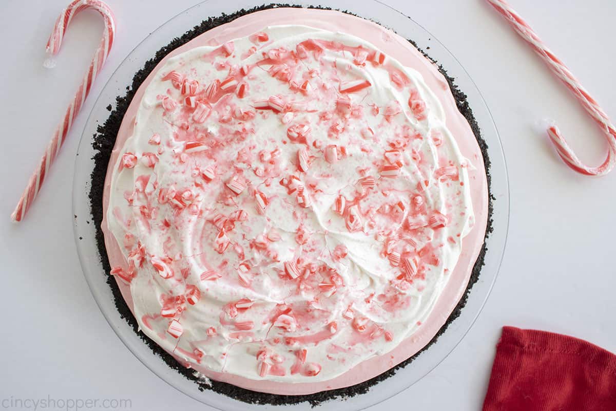 Whole No Bake Pie with Candy Canes and peppermint.