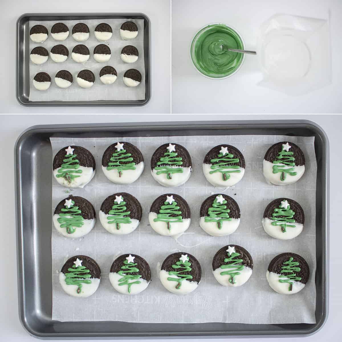 Showing process of how to make Christmas Tree Oreos.