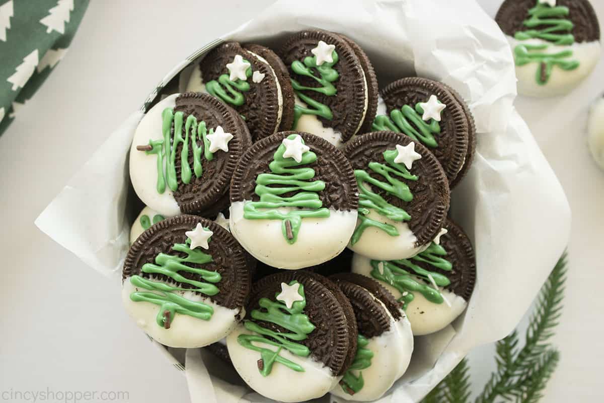 Tin full of Christmas Oreo Cookies with Trees