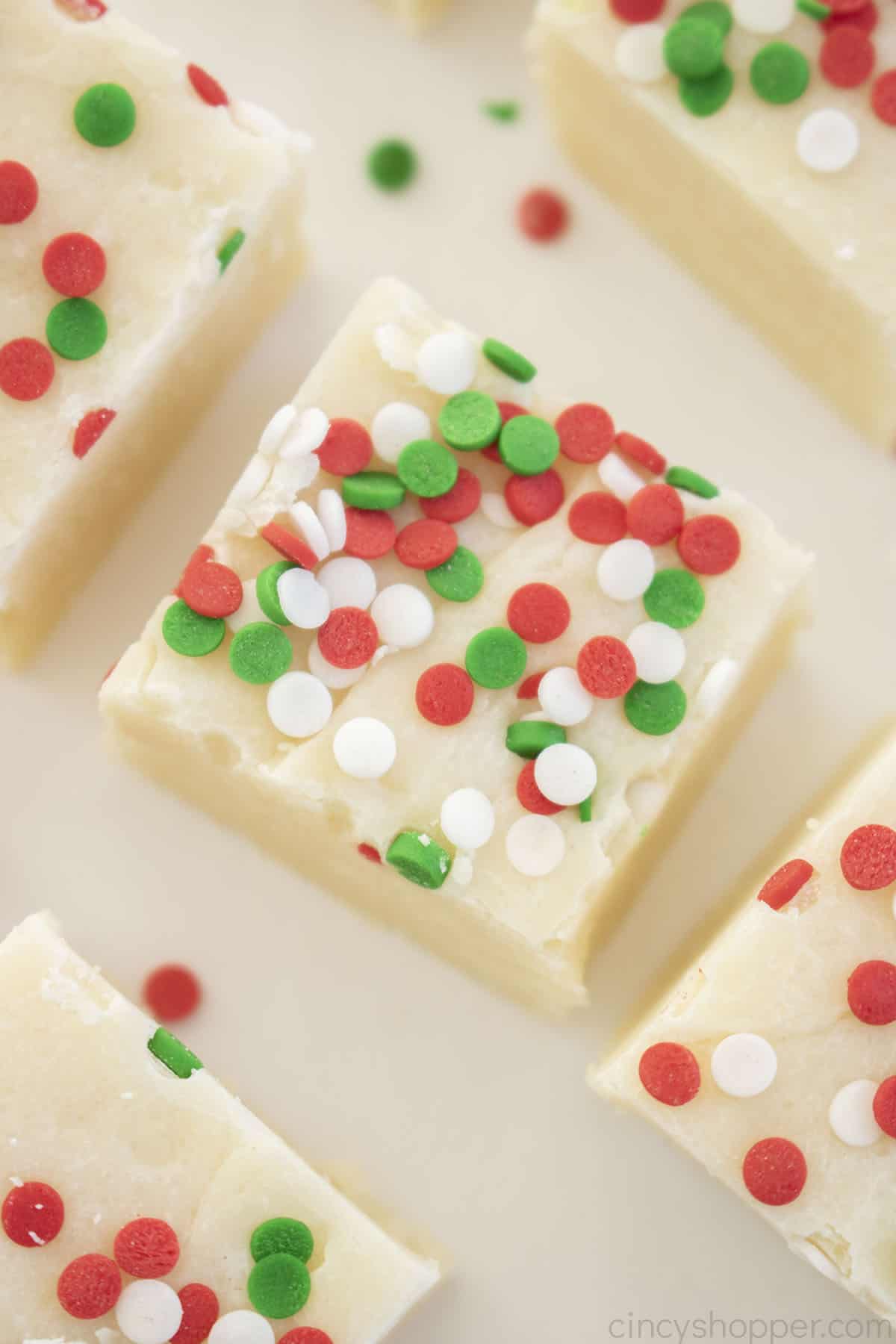 Sugar Cookie Fudge with Chritsmas sprinkles.