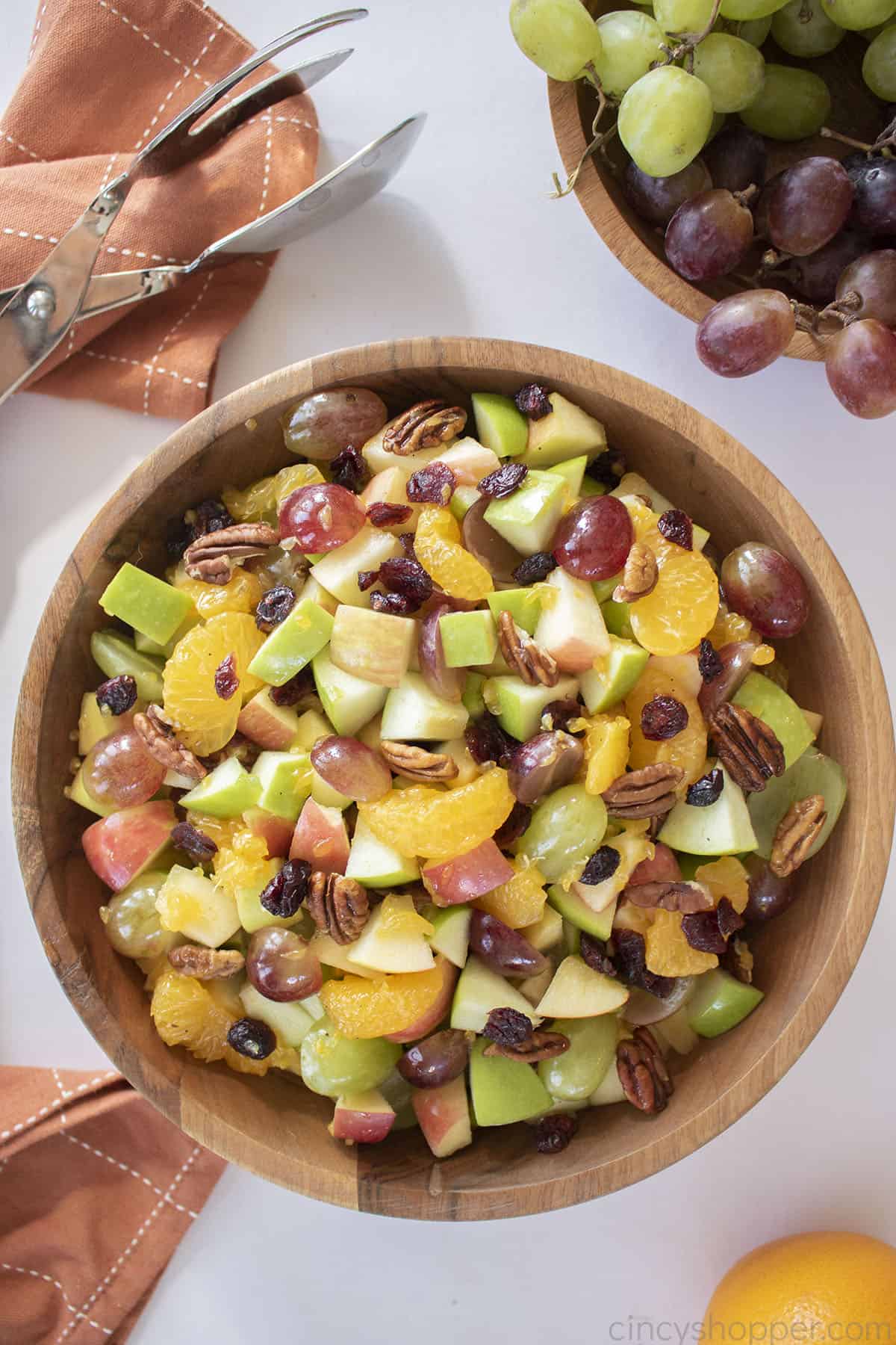 Thanksgiving Fruit Salad in a brown bowl.