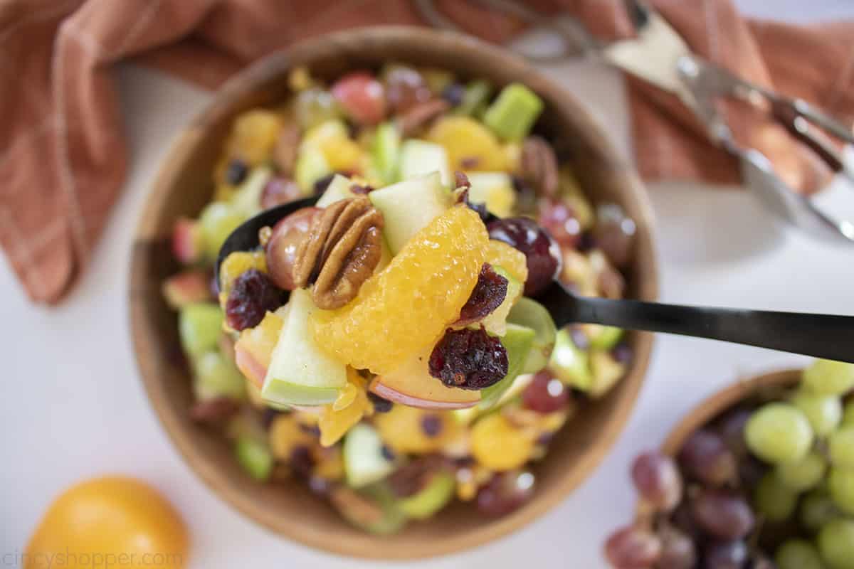 Spoon with fruit salad for Thanksgiving.