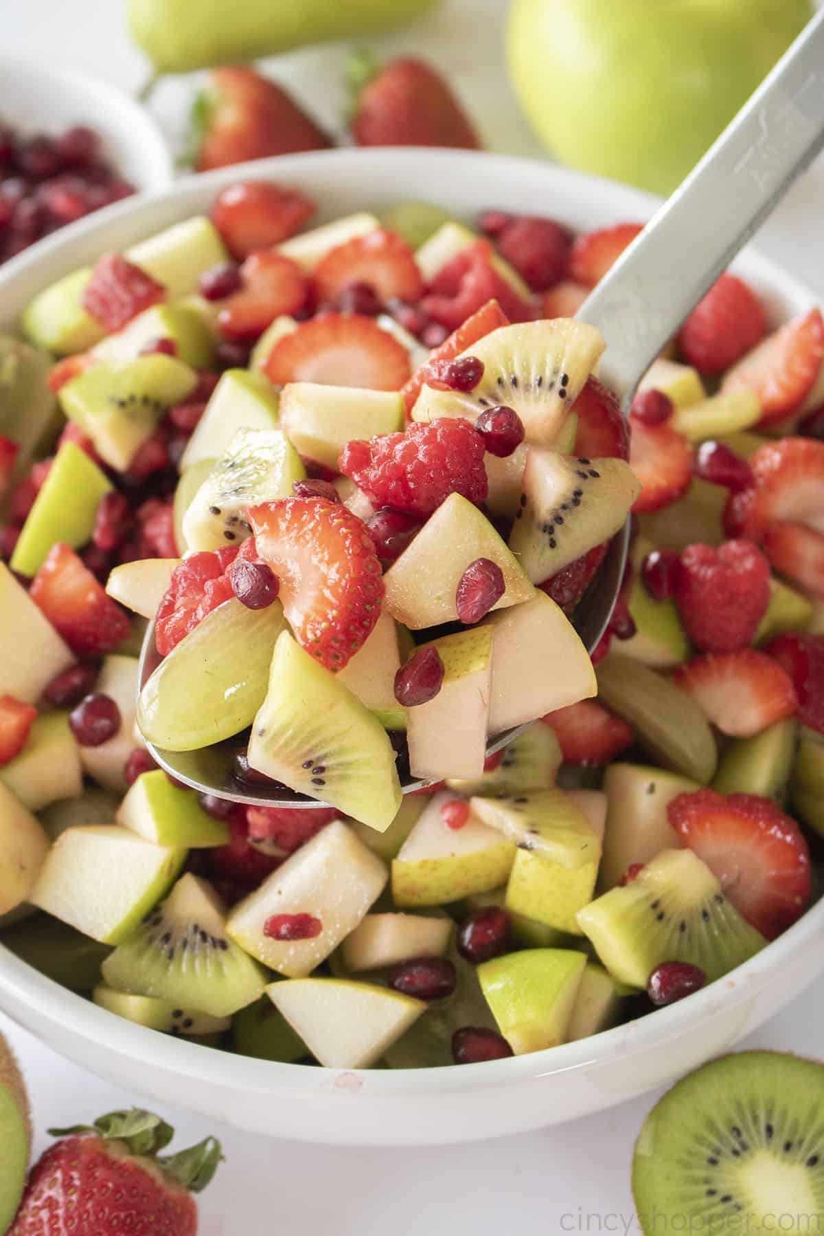 Fruit Salad for Christmas on a serving spoon.