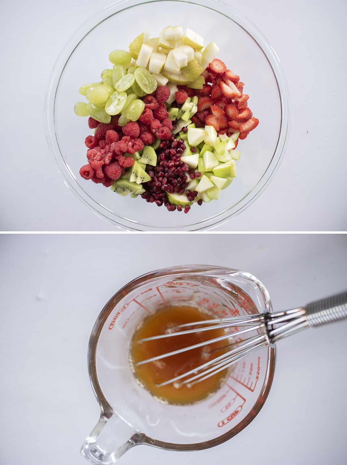 Fruit Salad for Christmas dinner ingredients in a bowl and dressing in measuring cup.