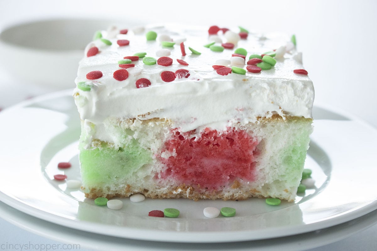 Red and Green Cake on a white plate.