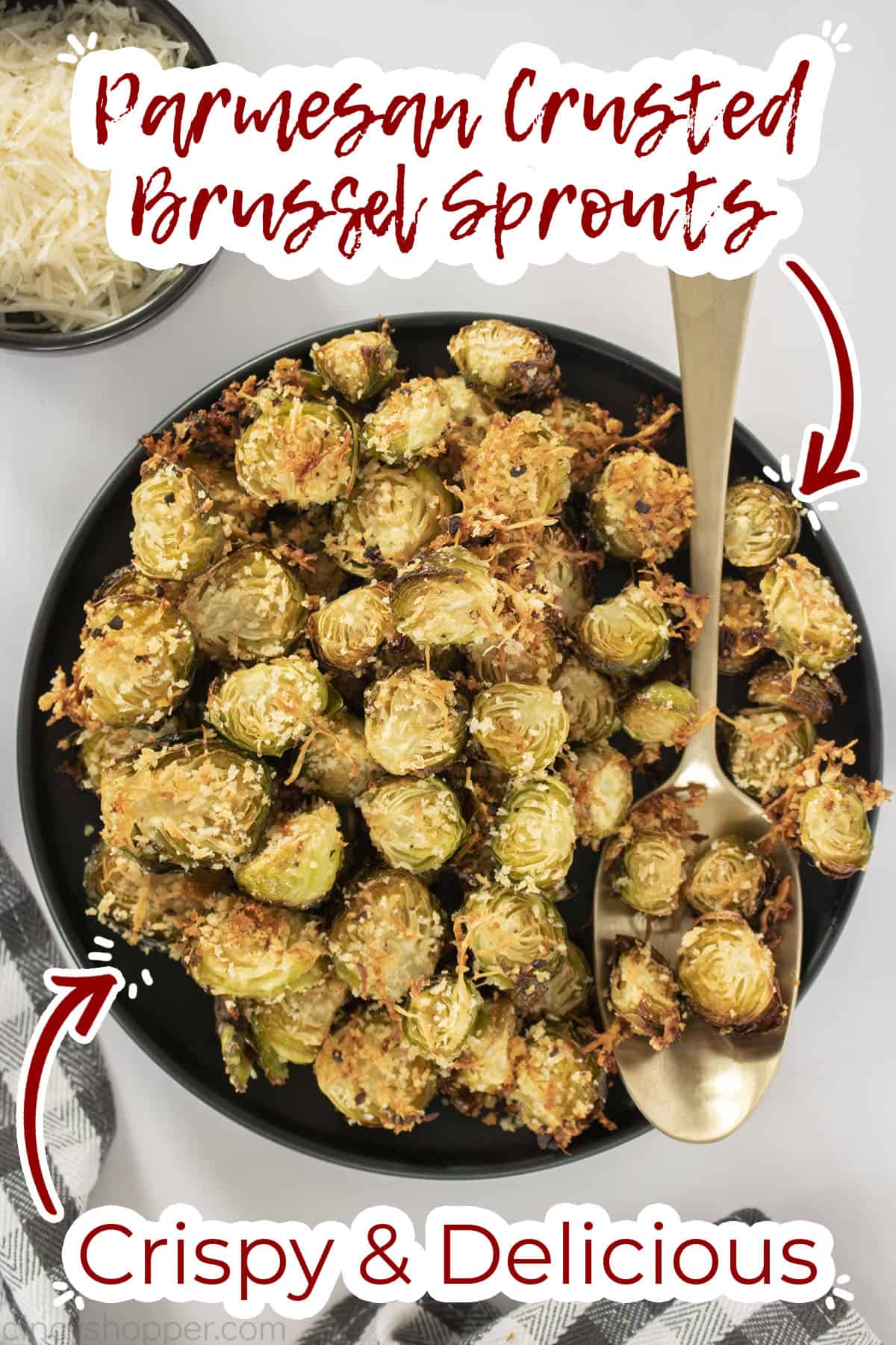 Text on image Parmesan Crusted Brussel Sprouts Crispy and Delicious