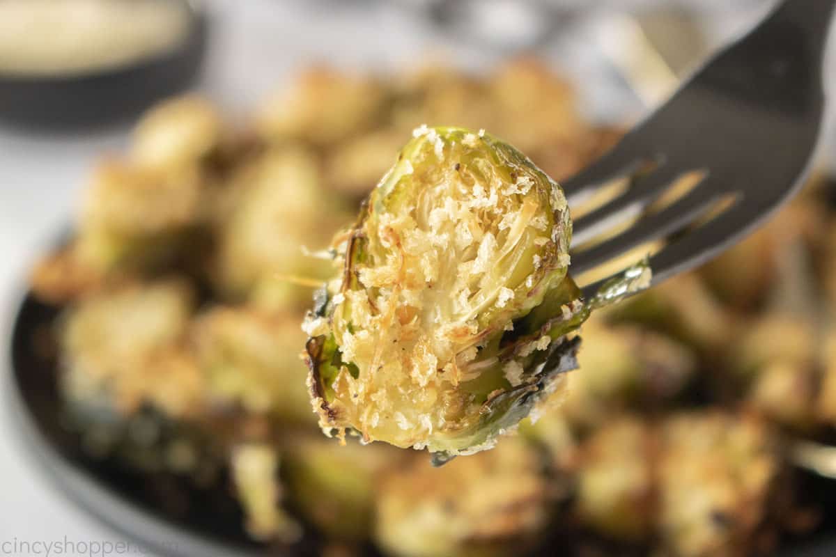 Parmesan Crusted Brussel Sprouts on a fork.