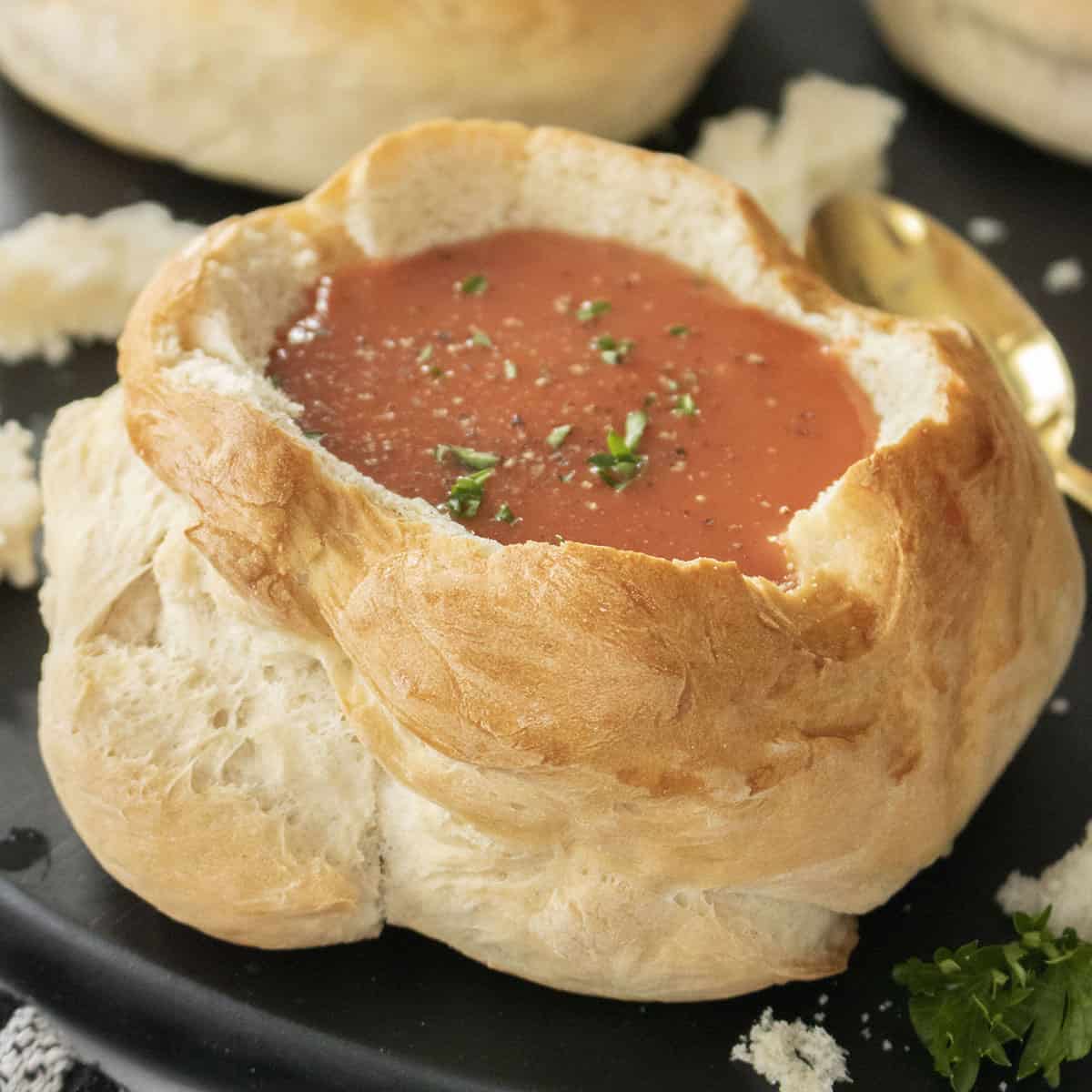 Bread bowl with tomato soup