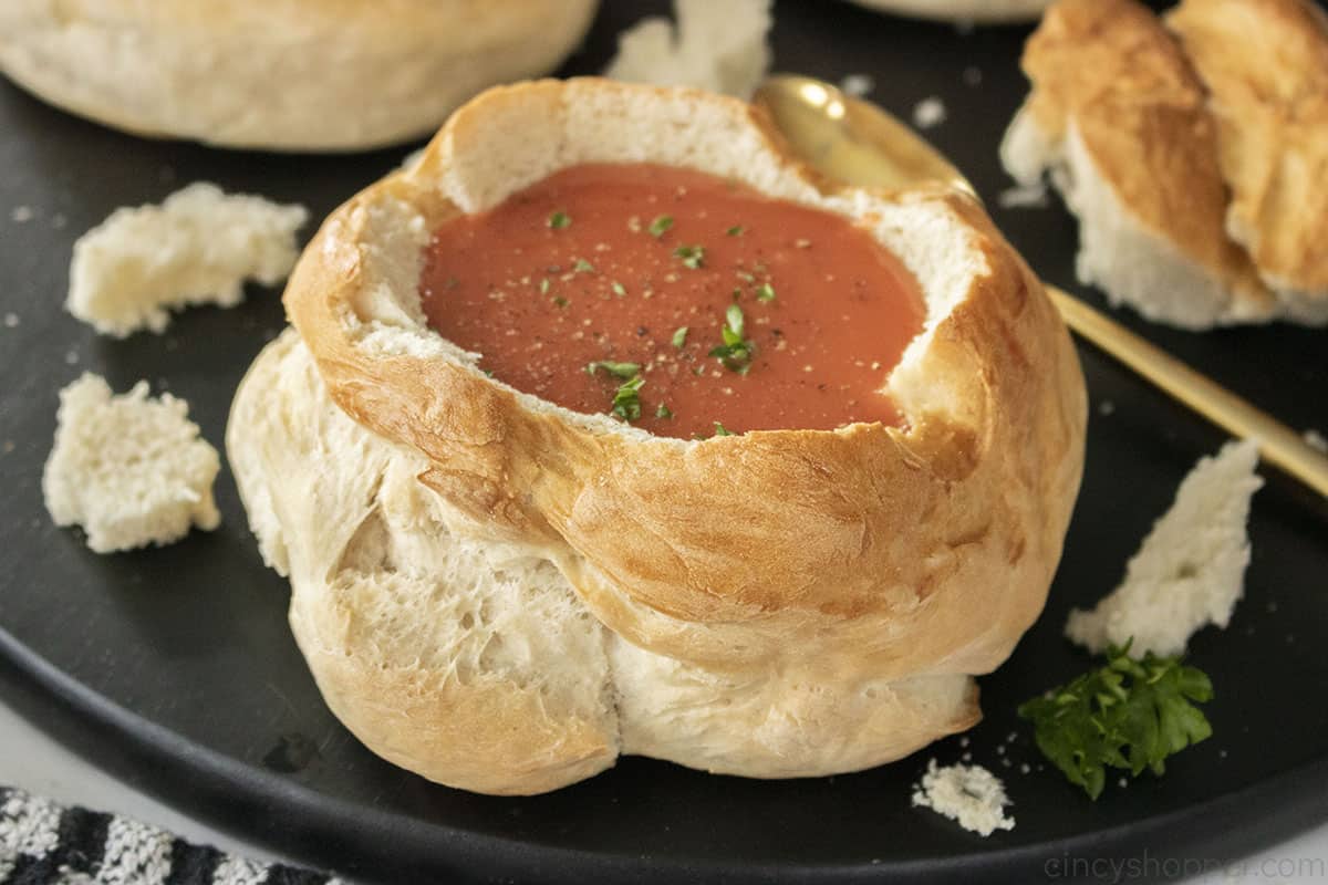 Bread bowl with tomato soup.