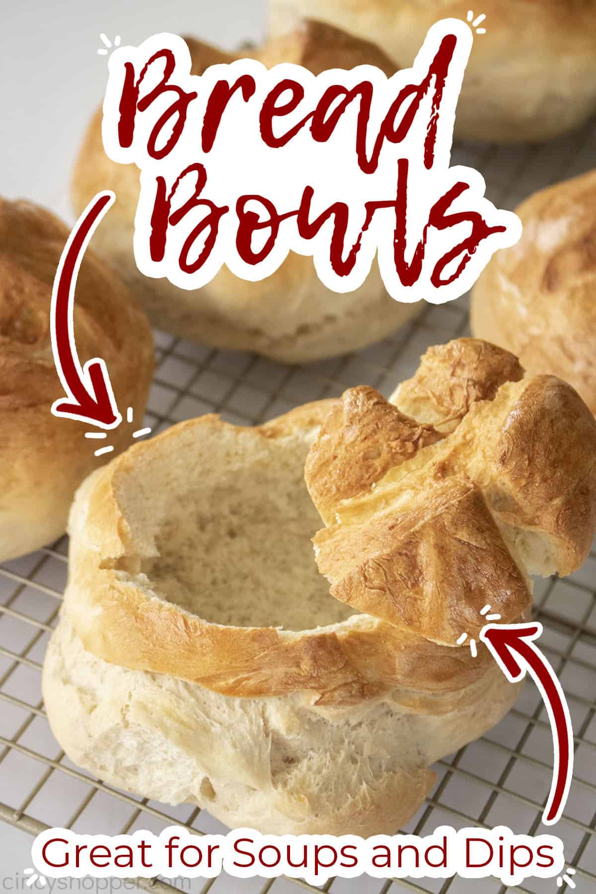 Text on image Bread Bowls Great for Soups and Dips