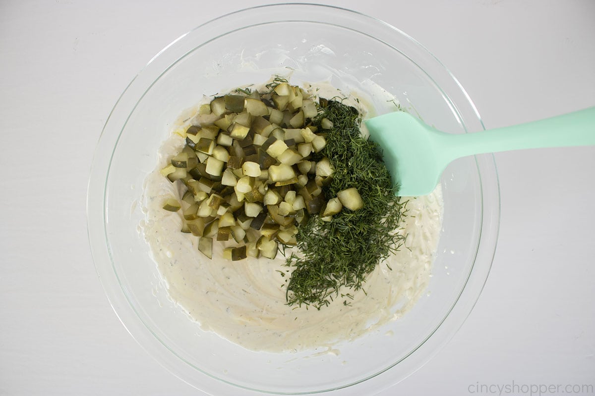 Fresh dill and diced pickles added to creamy dip mixture.