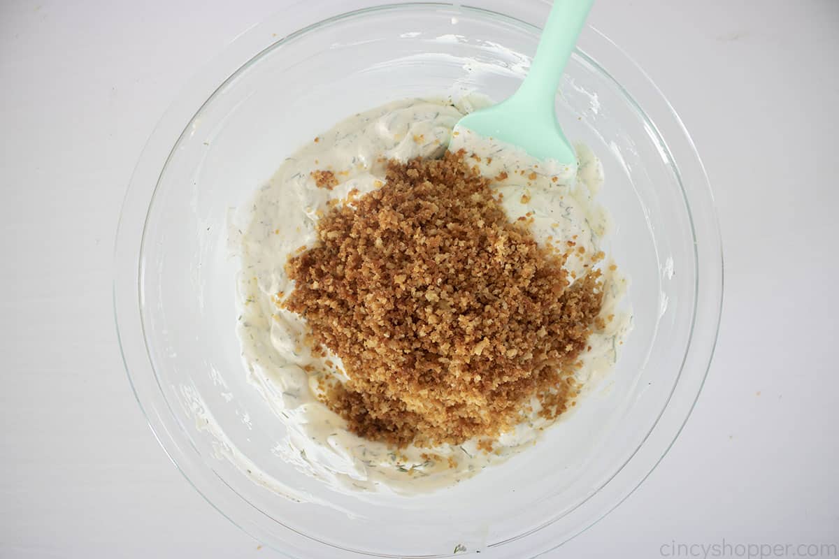 Panko crumbs added to pickle ranch dip mixture.