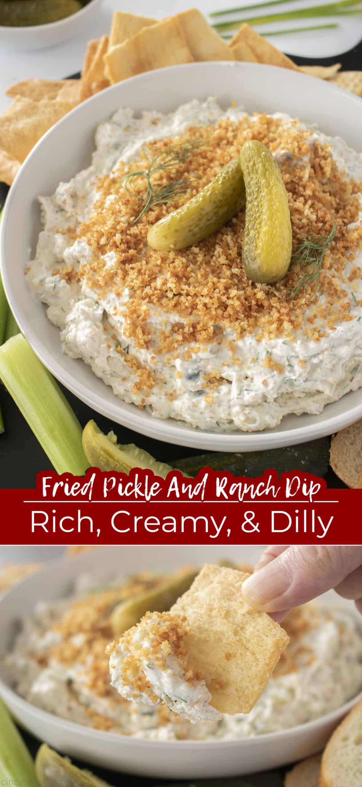 Fried Pickle and Ranch Dip Rich, Creamy, & Dilly long pin.