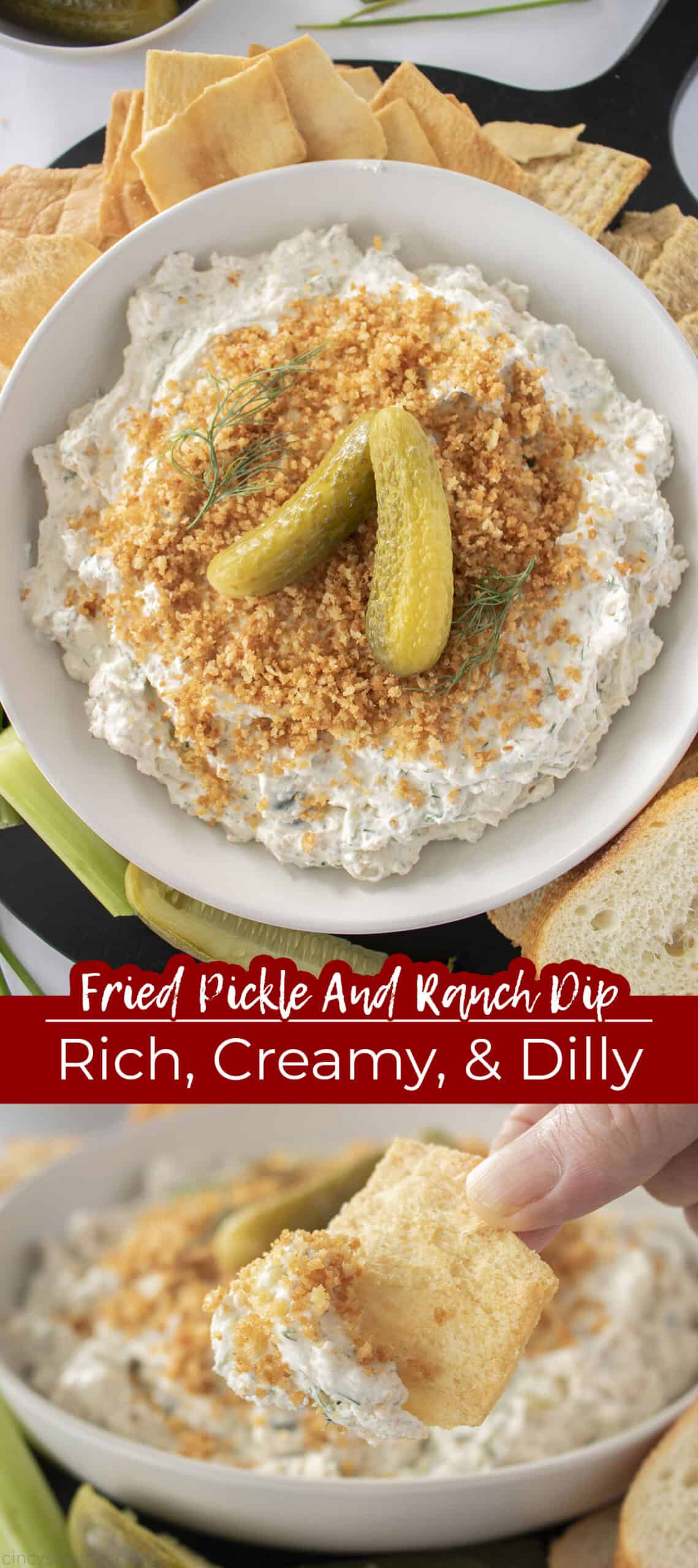 Fried Pickle and Ranch Dip Rich, Creamy, & Dilly long pin.