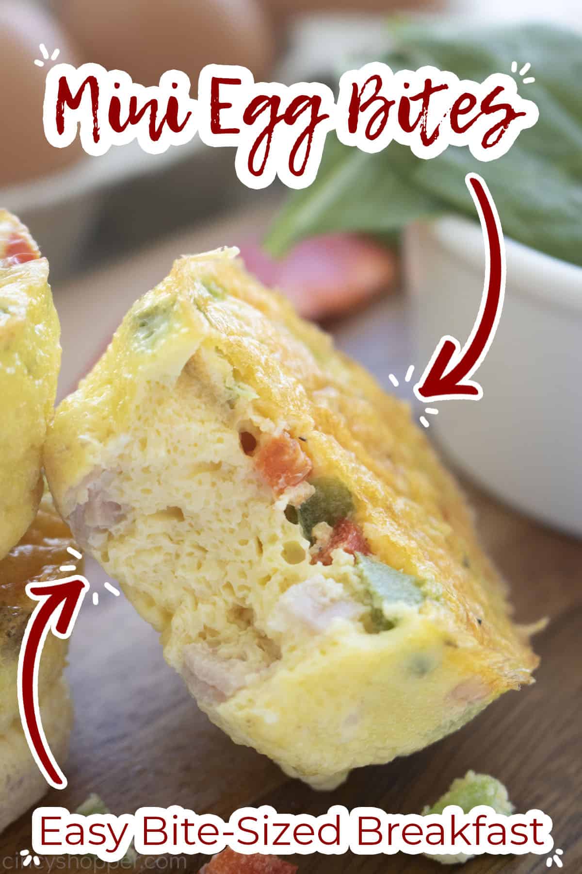 Text on image Mini Egg Bites Easy Bite Sized Breakfast