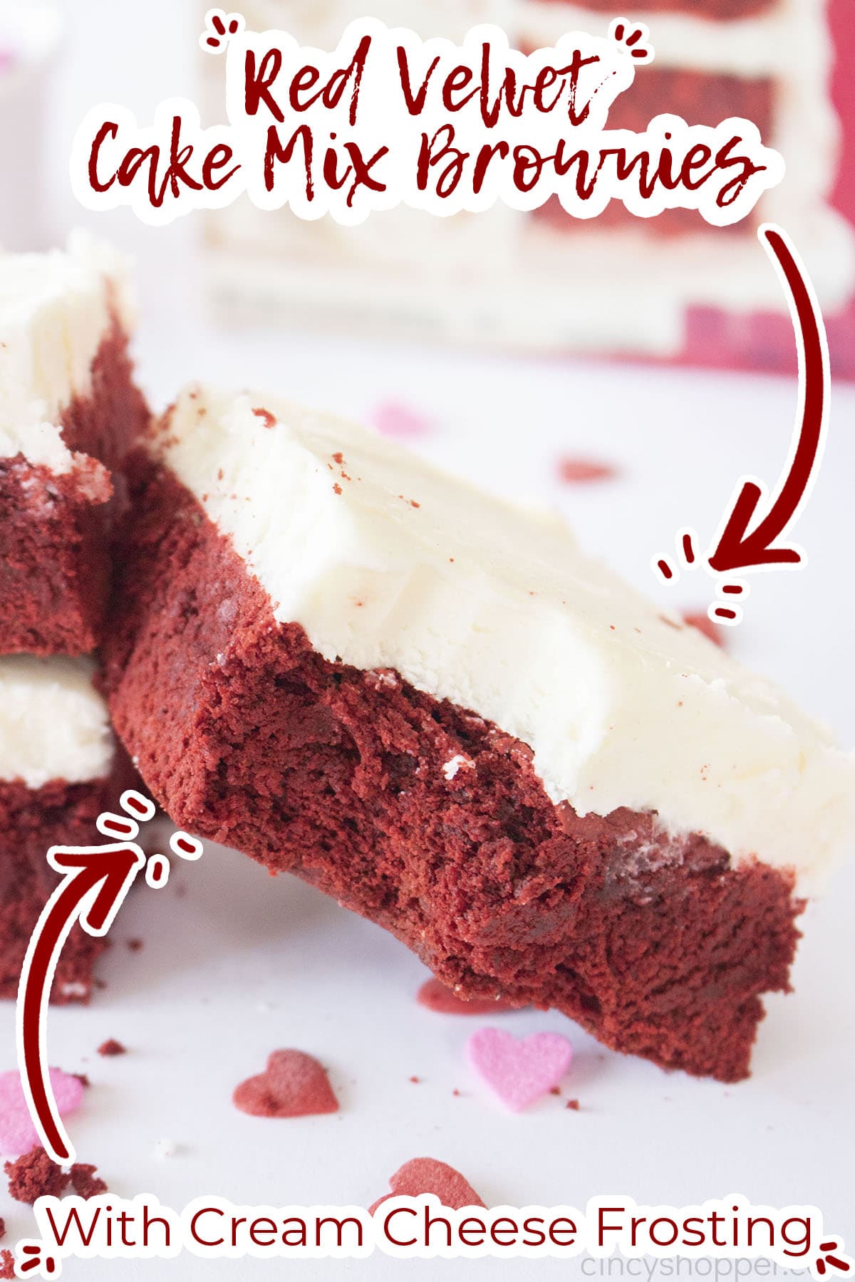 Text on image Red Velvet Cake Mix Brownies with Cream Cheese Frosting.
