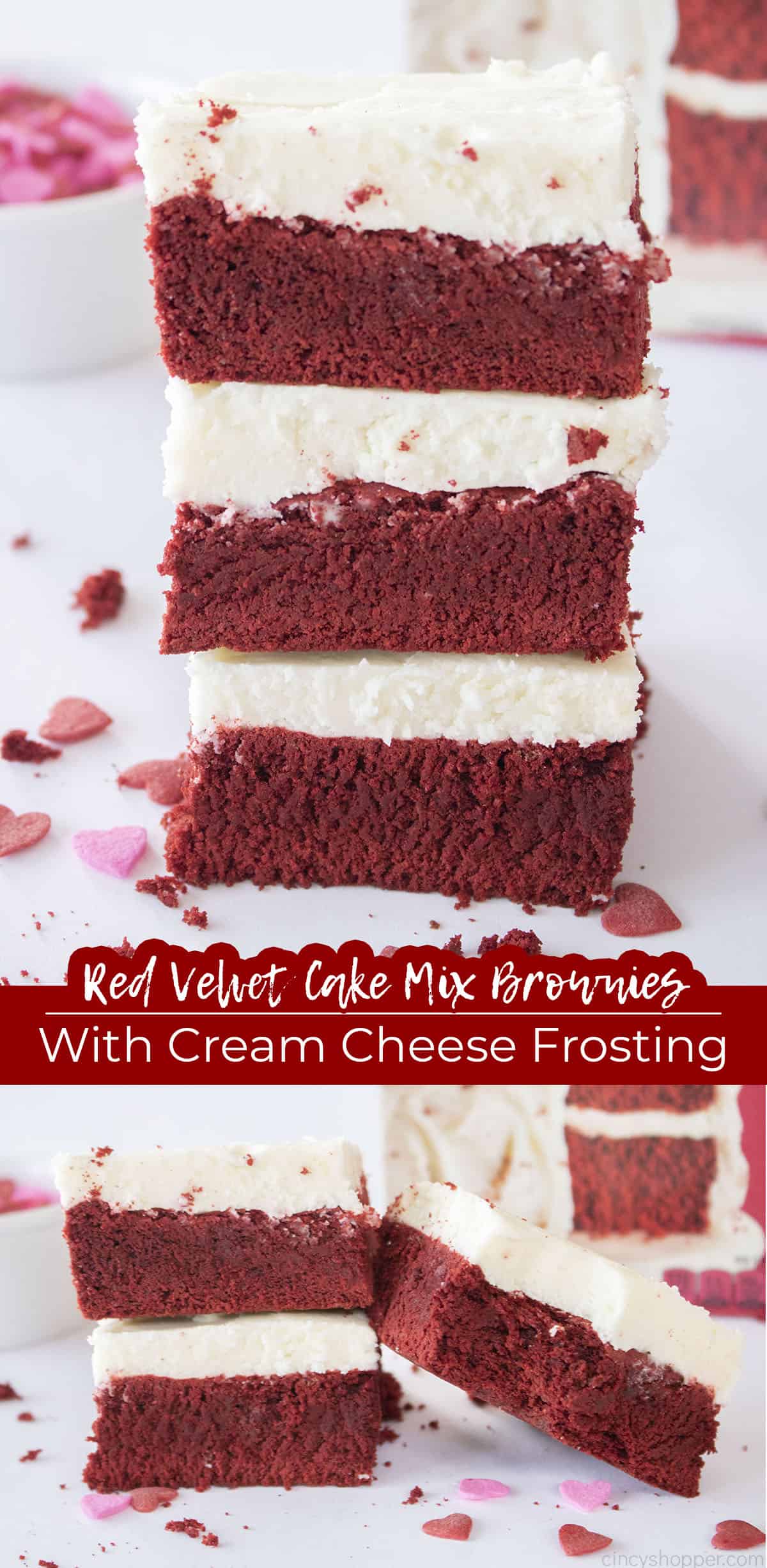 Long pin Text on image Red Velvet Cake Mix Brownies with Cream Cheese Frosting.