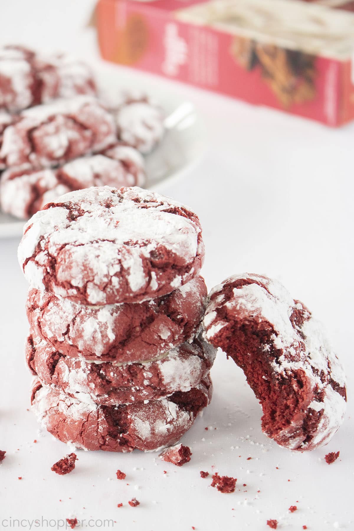 Red Velvet Crinkle Cookies from boxed cake mix on a white plate.