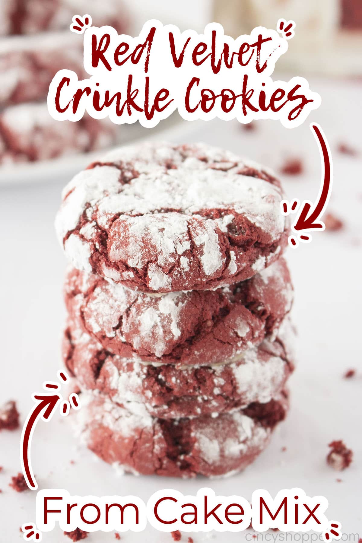 Text on image Red Velvet Crinkle Cookies from boxed cake mix.