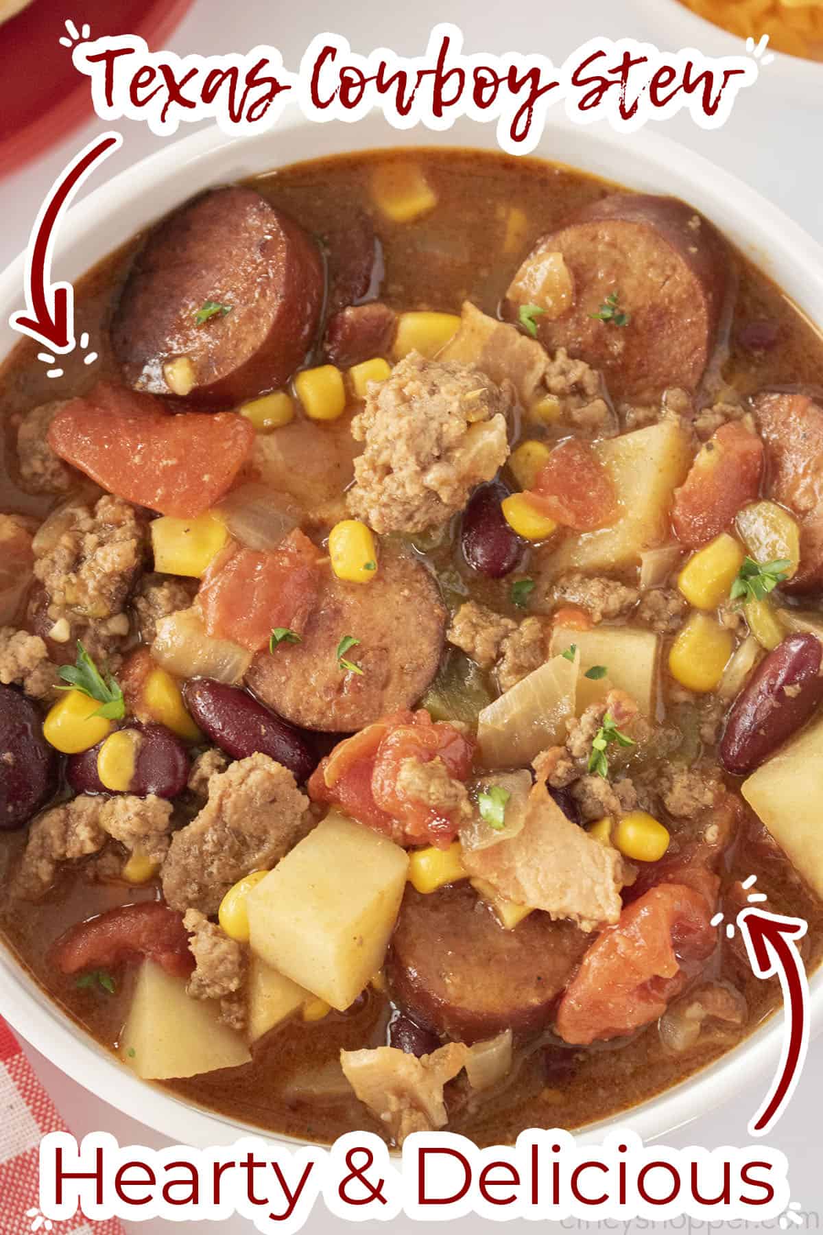 Text on image Texas Cowboy Stew Hearty & Delicious.