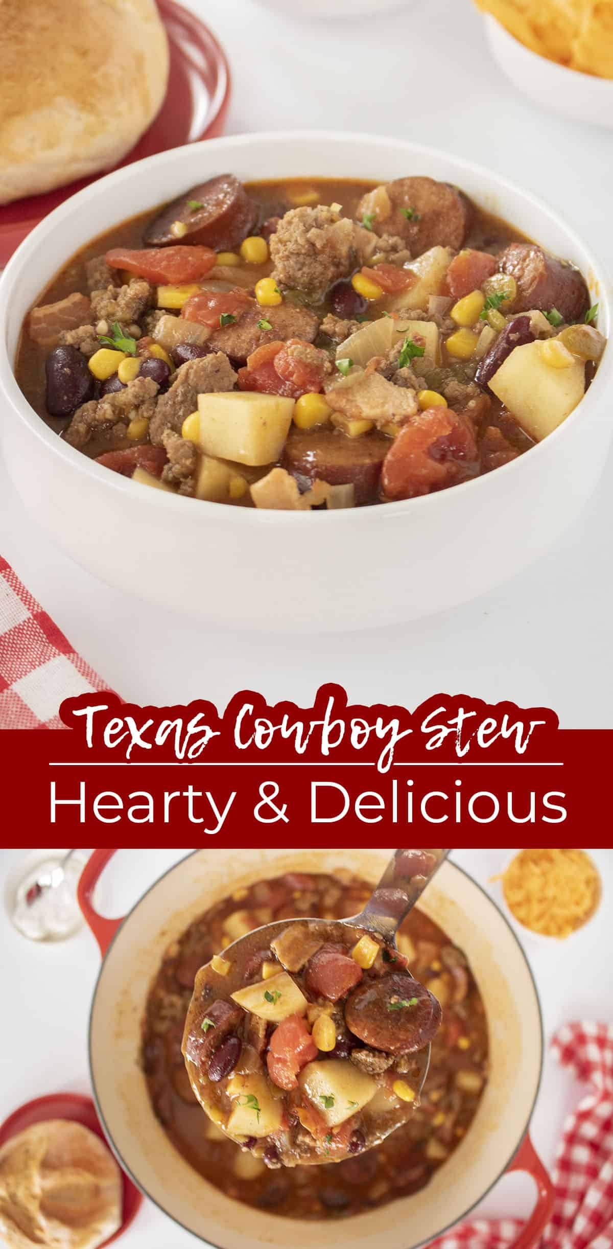 Text on image Texas Cowboy Stew Hearty & Delicious.