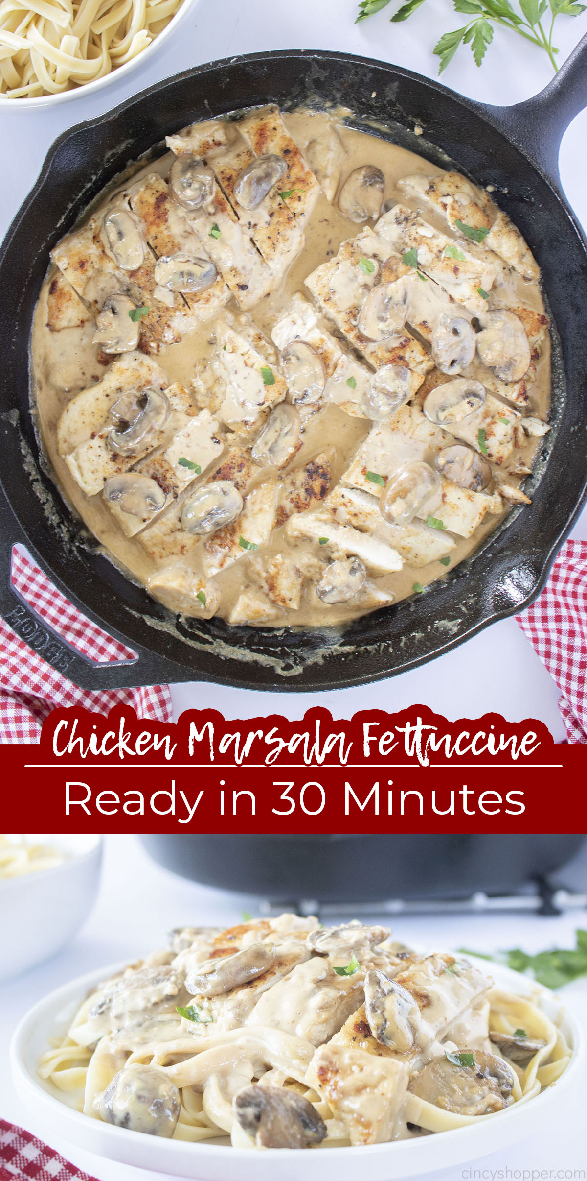 Long Pin Text on image Chicken Marsala Fettuccine Ready in 30 Minutes.