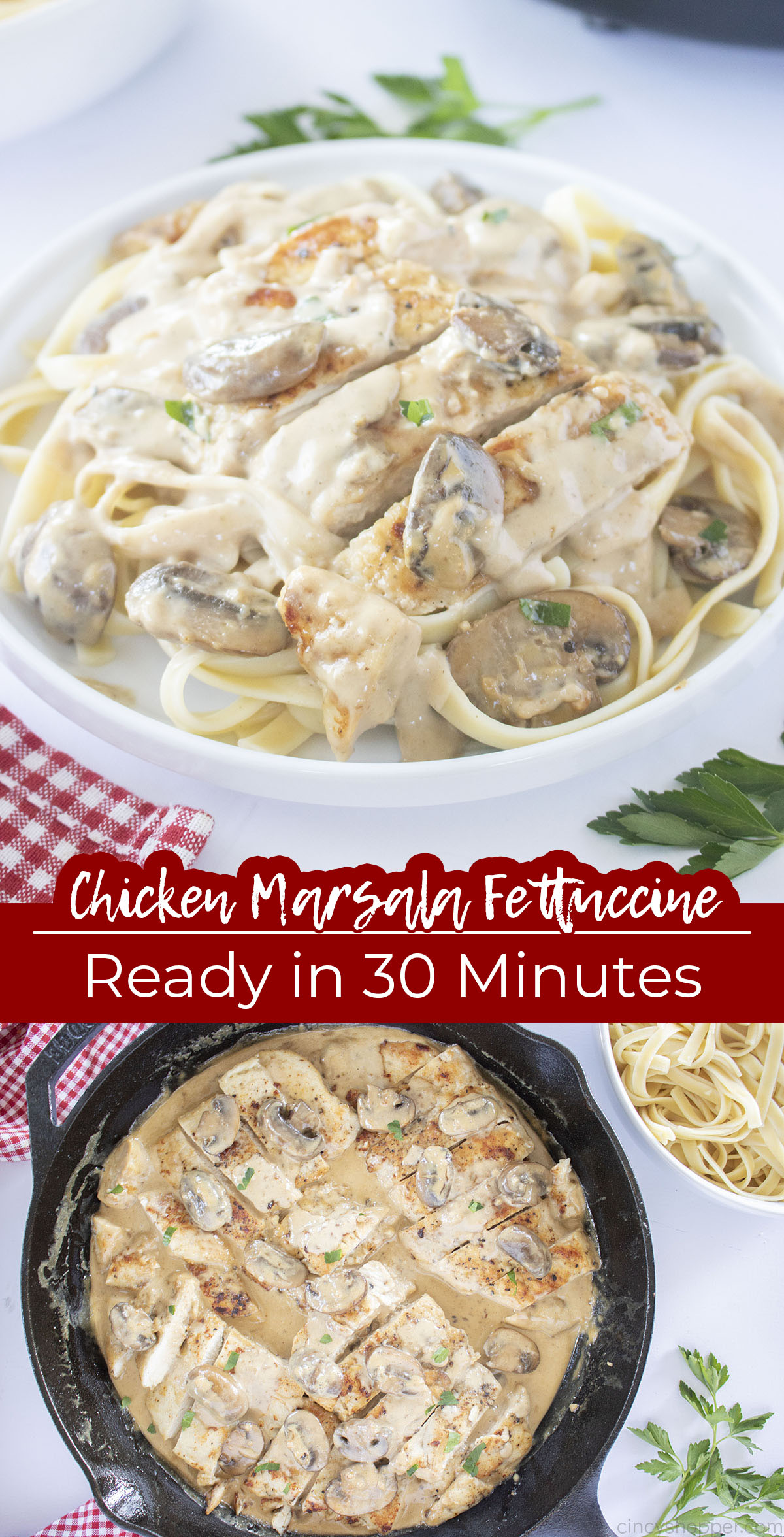 Long pin Text on image Chicken Marsala Fettuccine Ready in 30 Minutes.