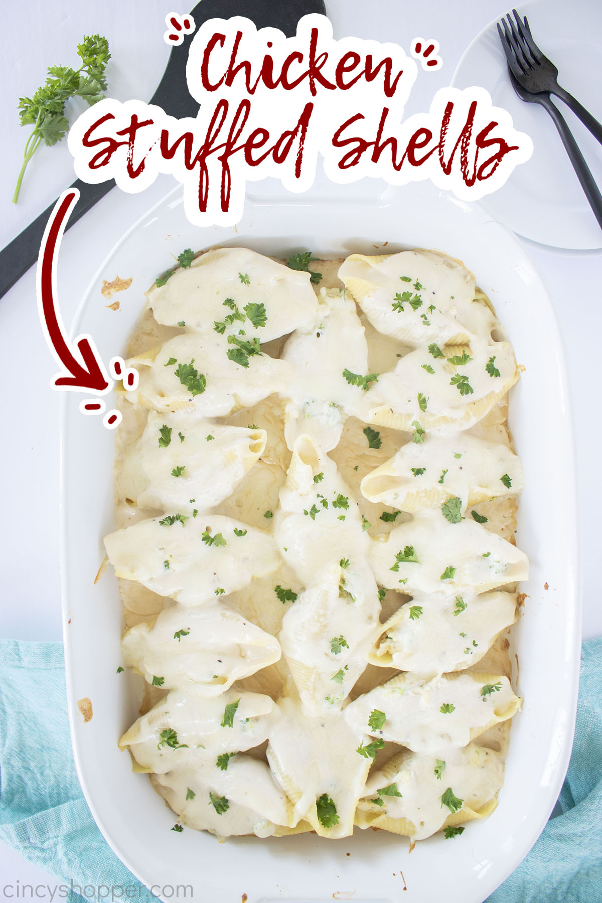 Text on image Chicken Stuffed Shells and easy weeknight dinner.