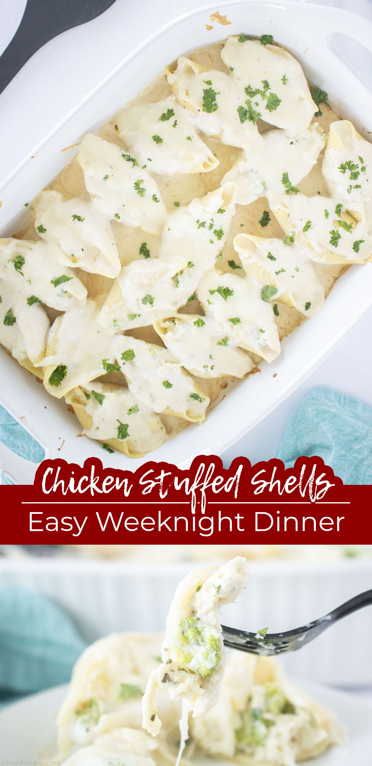 Long pin with Text on image Chicken Stuffed Shells and easy weeknight dinner.