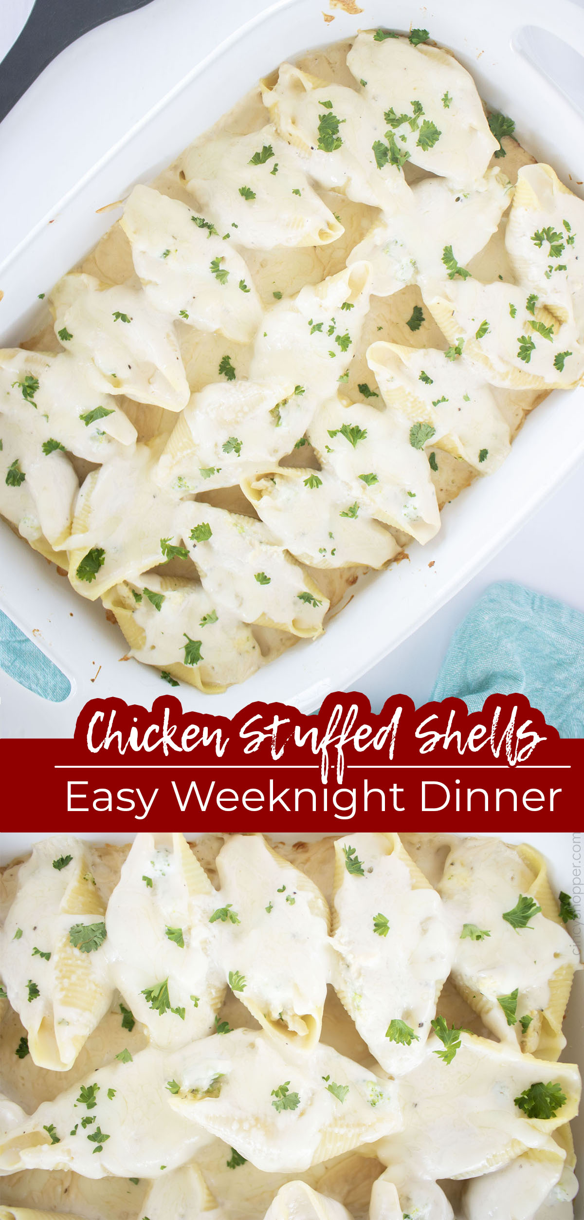 Long pin with Text on image Chicken Stuffed Shells and easy weeknight dinner.