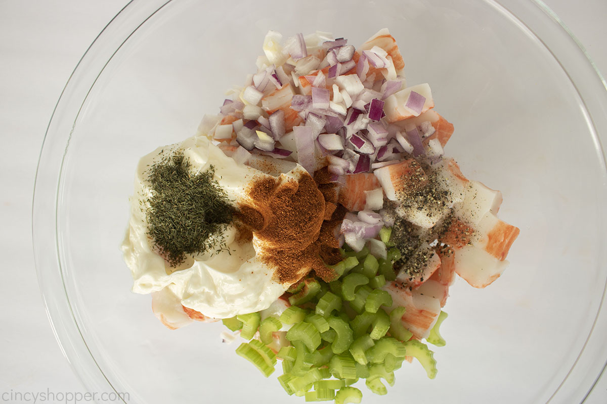 Crab Salad Sandwich ingredients in a bowl.