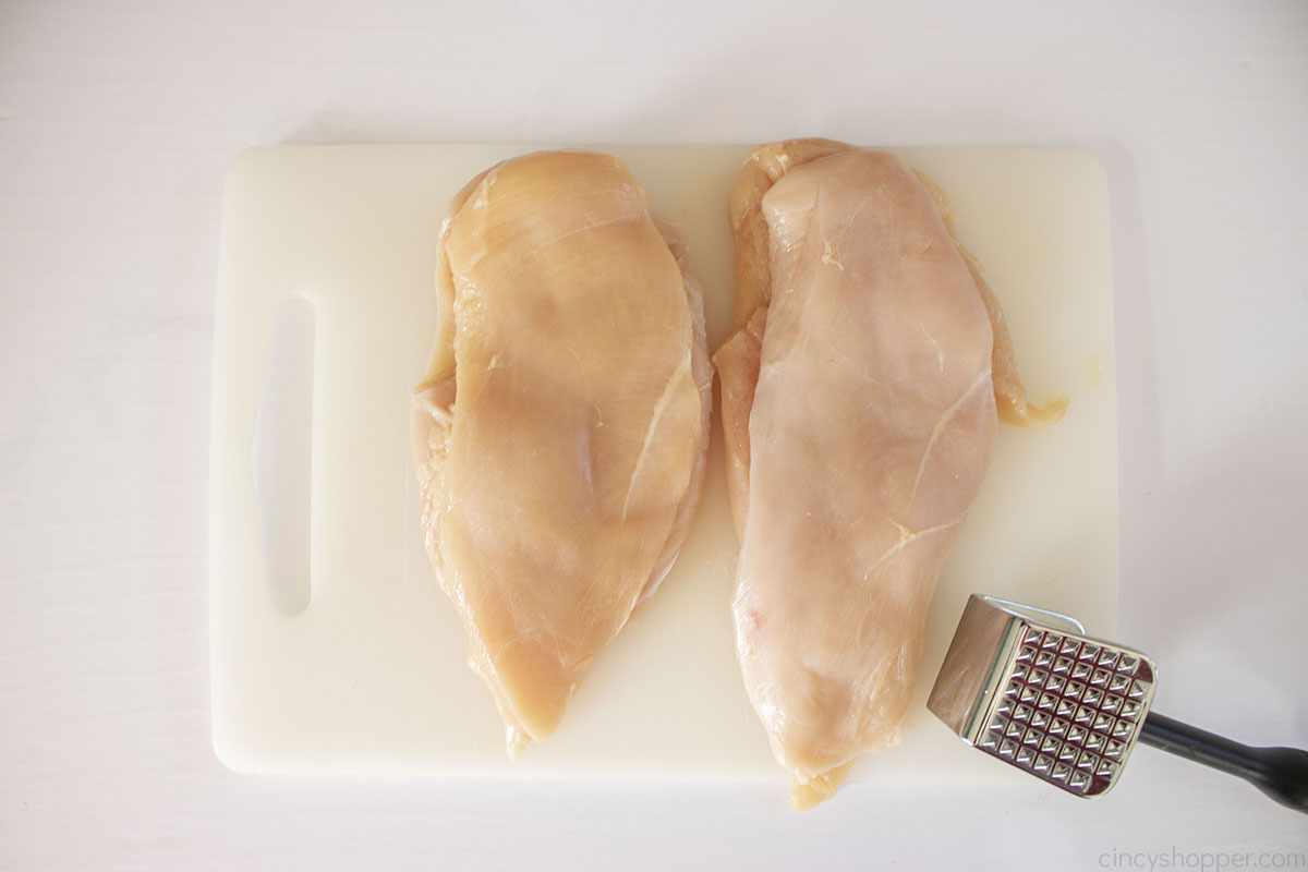Chicken breasts butterflied and pounded with meat tenderizer. 