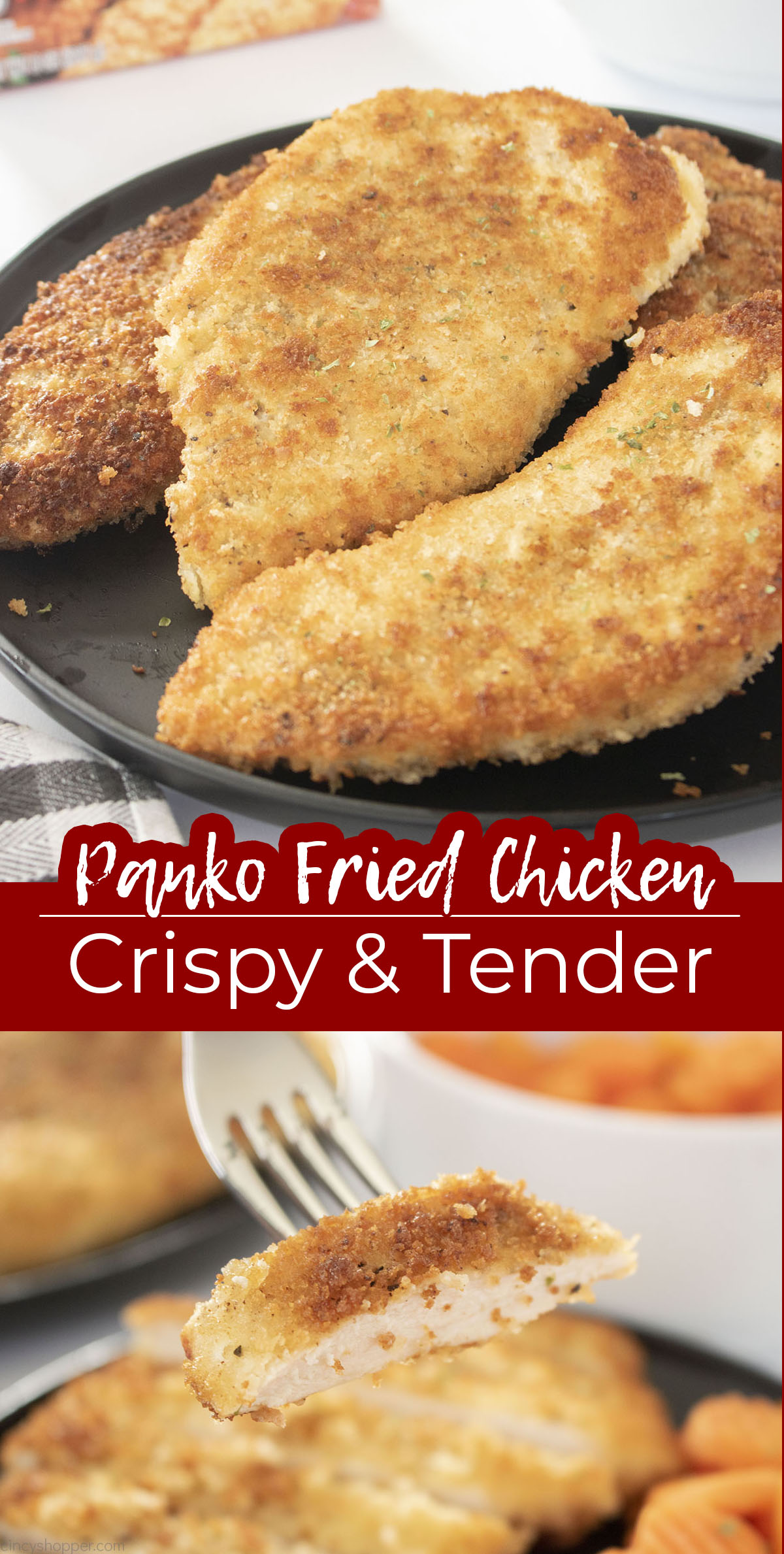 Long pin Text on image Panko Fried Chicken Crispy and Tender.