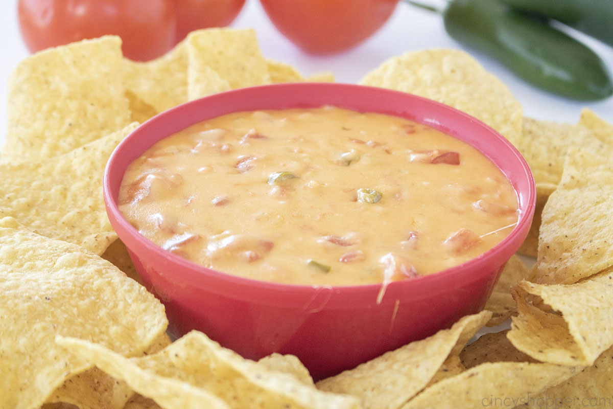 Red bowl with Salsa Con Queso.