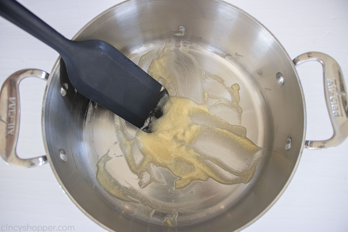 Roux mixture in a pan with a spatula.