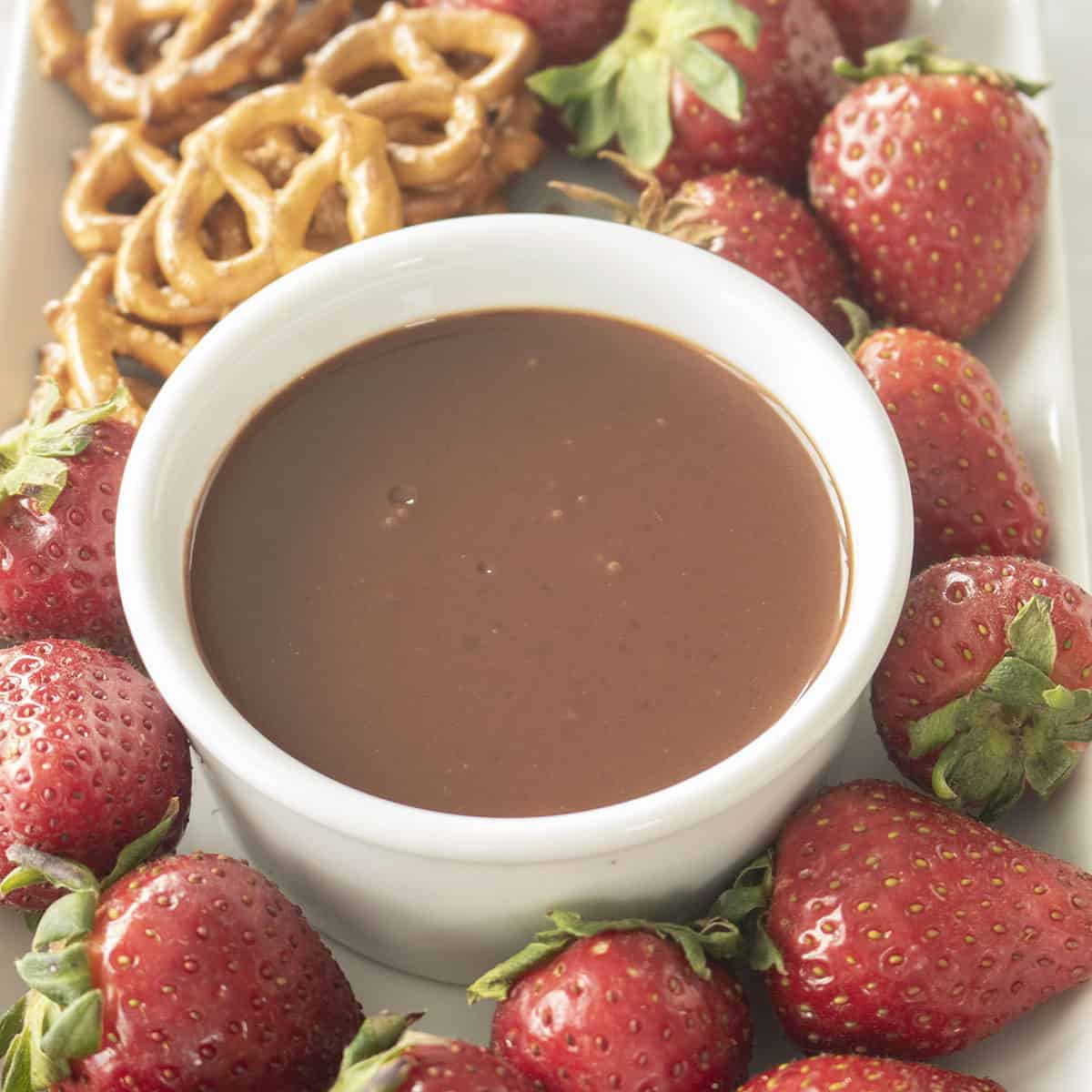 Chocolate dipping sauce in a white bowl with strawberries and pretzels.