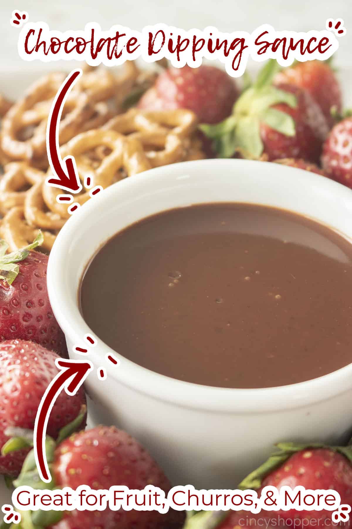 Text on image Chocolate Dipping Sauce. Great for fruit, churros, & More