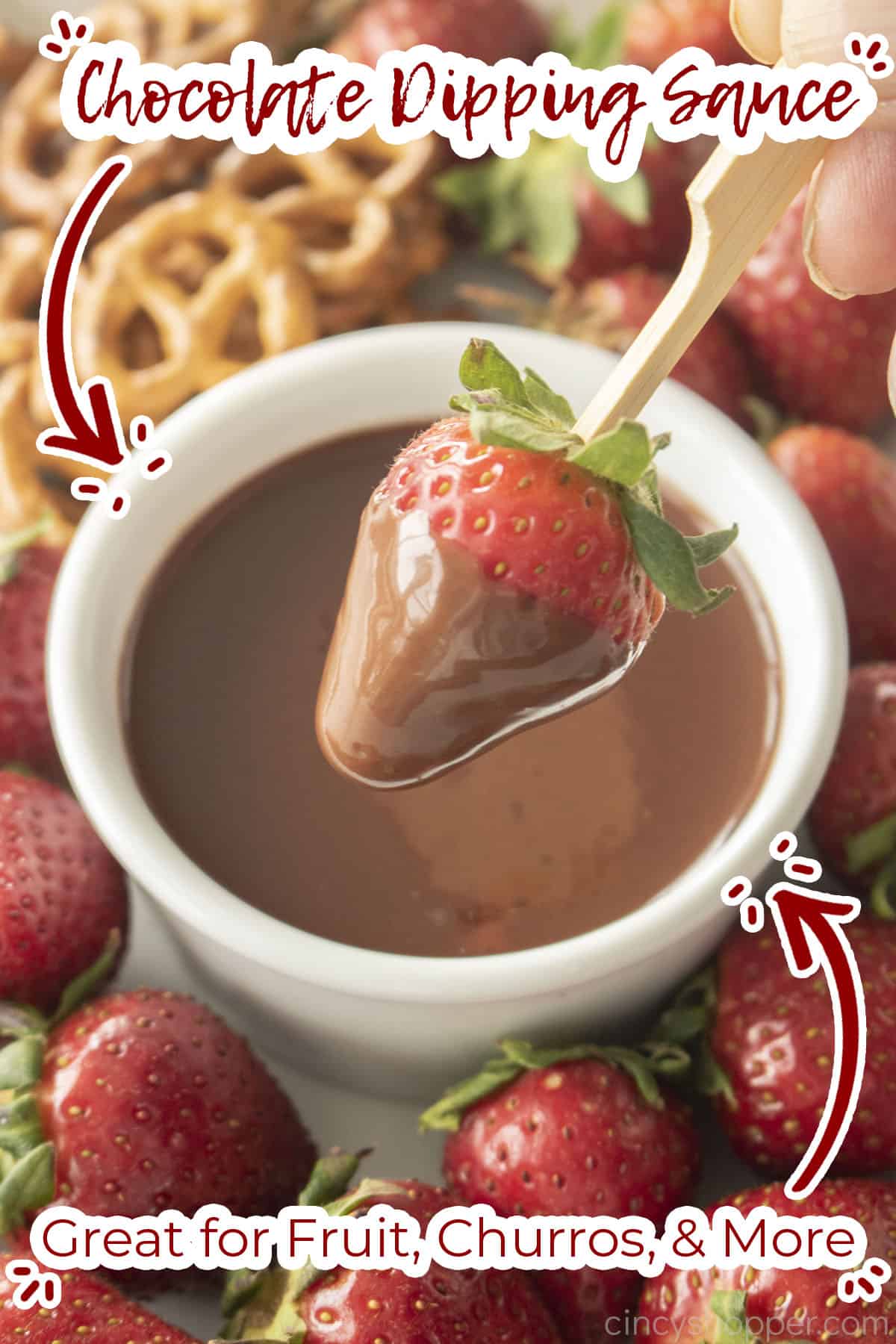 Text on image Chocolate Dipping Sauce. Great for fruit, churros, & More