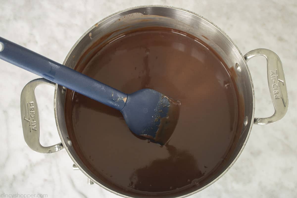 Fully melted chocolate sauce in a pan.