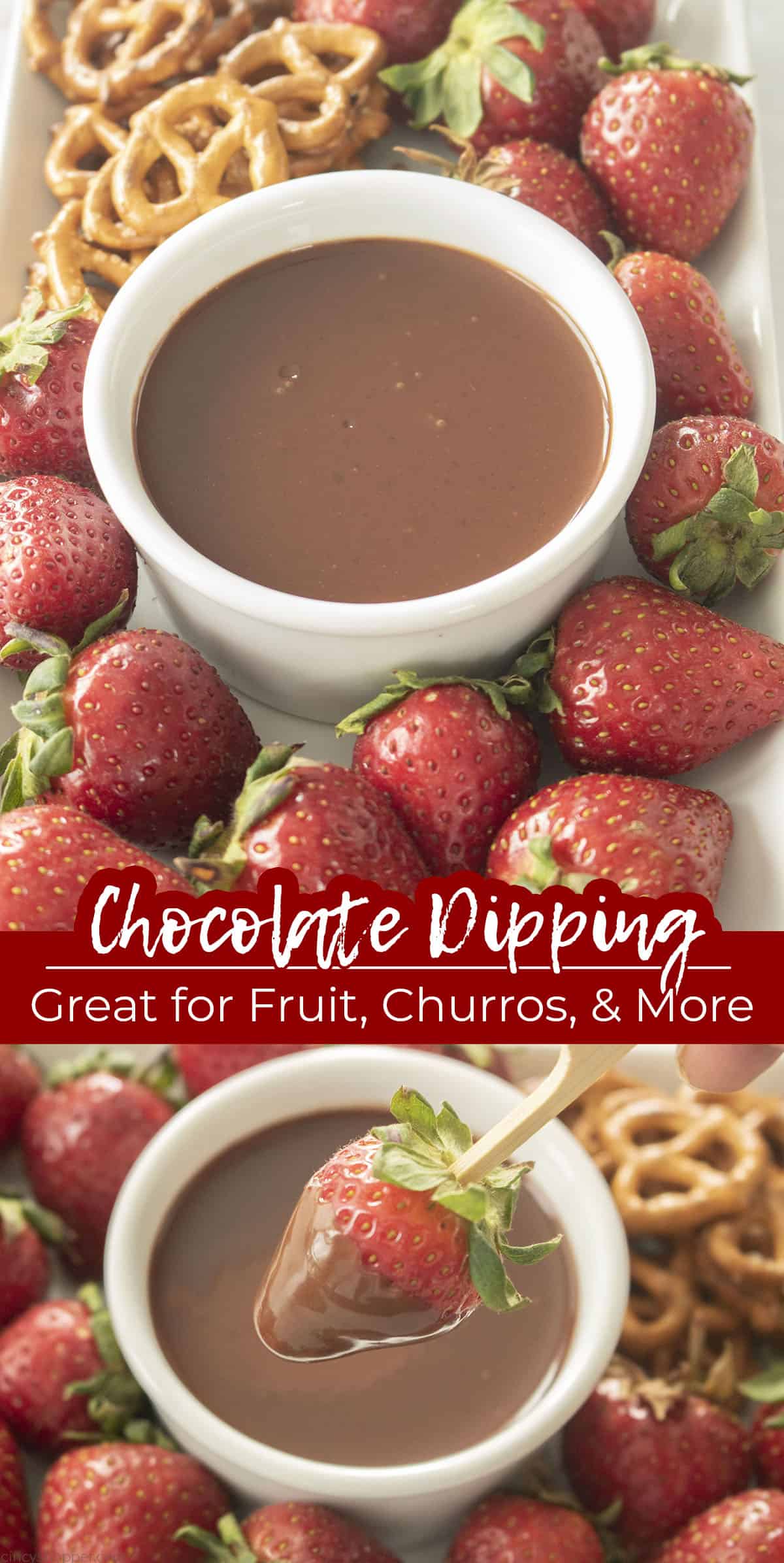 Long pin Text Chocolate Dipping Sauce. Great for fruit, churros, & More