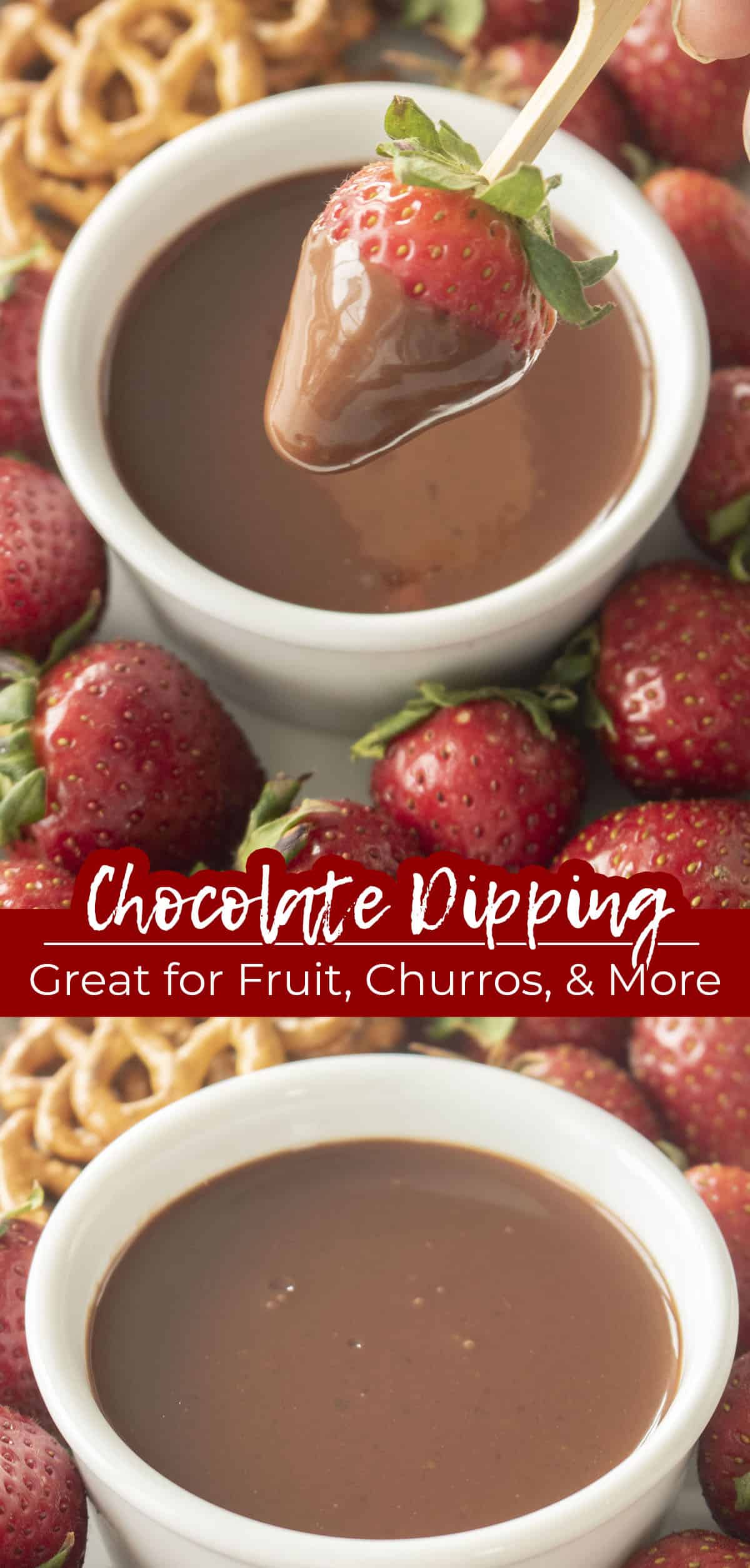Long pin Text Chocolate Dipping Sauce. Great for fruit, churros, & More