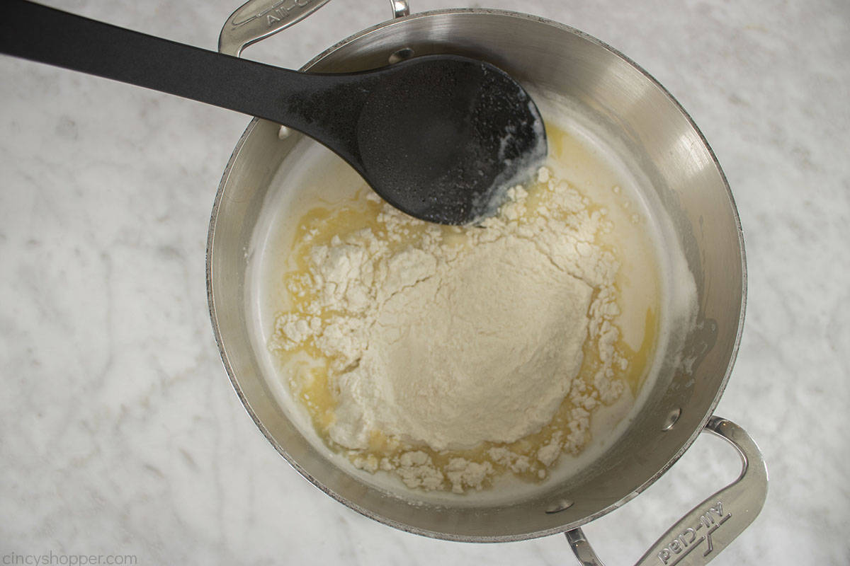 Pastry dough ingredients in pan.