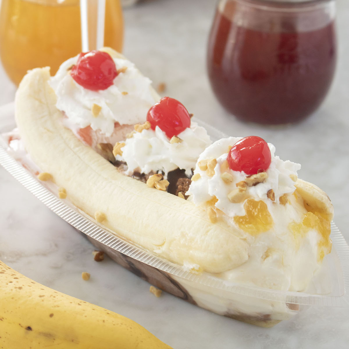 Homemade Banana Split with cherries on top.